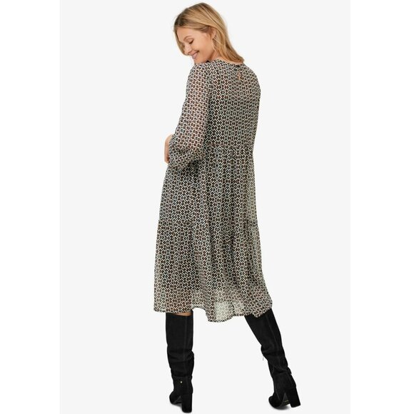 Ellos Women's Plus Black Geometric Print Sheer Overlay Tiered Dress Size 18/20 - Picture 3 of 17